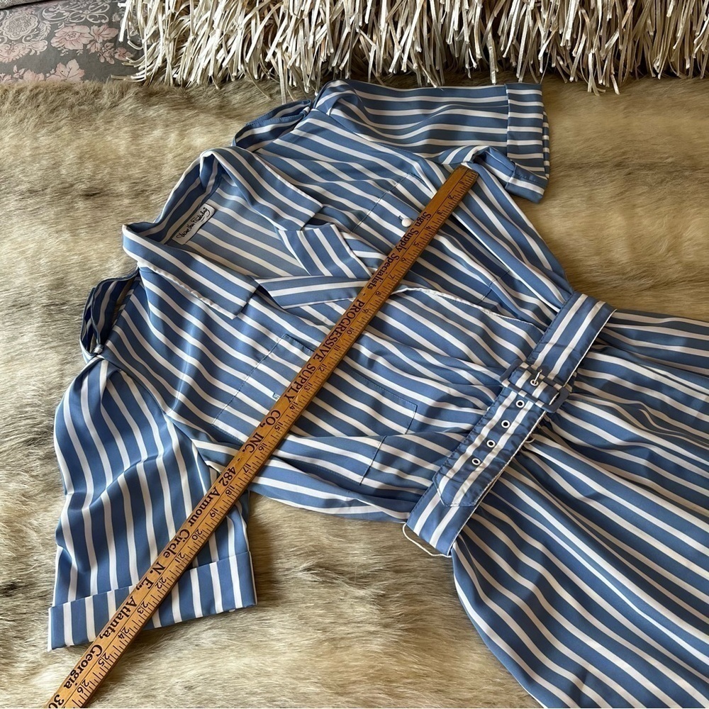 True 80sVintage DIANE VON FURSTENBERG Blue White Strips DVF Midi Wrap Dress 12 - Picture 4 of 17